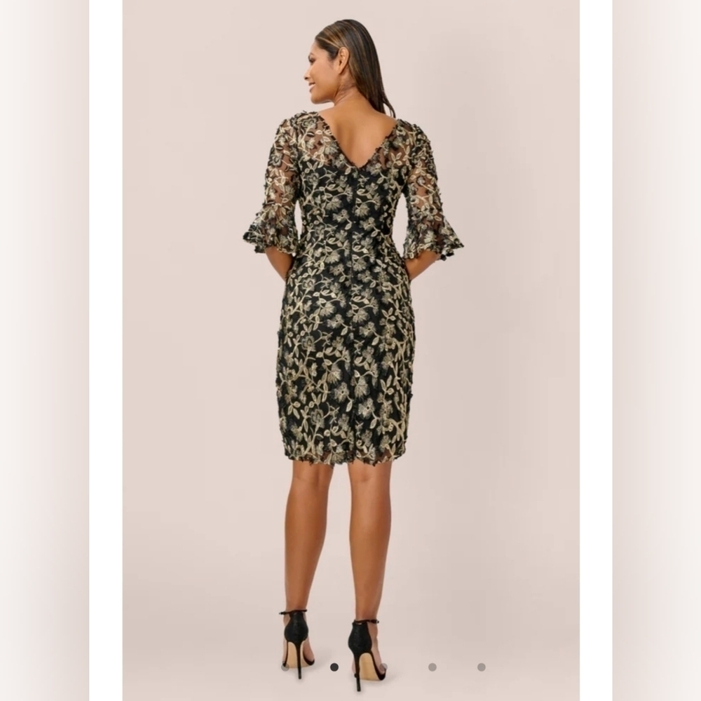 Adrianna Papell Black Gold Metallic Embroidered Sheath Dress 4 - Picture 3 of 14